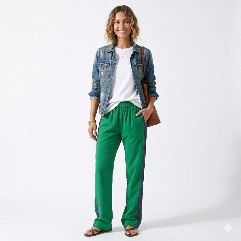 Rachel Zoe Green Wide-Leg Linen Blend Pants with Patterned Stripe Women's Large